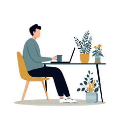 Young Man Working on Laptop at Modern Home Office with Plants