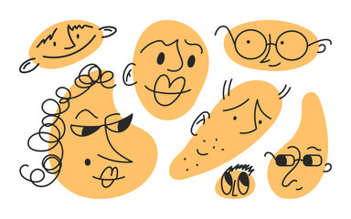 Cute hand drawn faces vector set. Funny human faces with different emotions whimsical illustration.