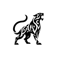 Roaring Panther Silhouette: A striking black panther silhouette roars with fierce energy, its body adorned with intricate tribal tattoo-style patterns. The panther embodies strength and wilderness.