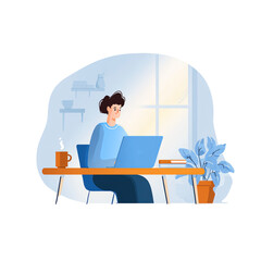 Young Man Working on Laptop with Coffee in Cozy Home Office Setting