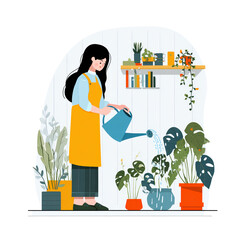 Woman in Apron Watering Houseplants with Indoor Garden Decor Style