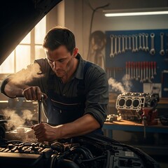 Focused Mechanic Working on a Car Engine.