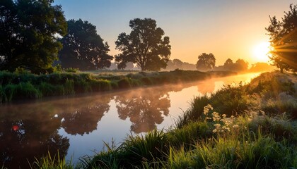 Obraz premium A serene river scene at sunrise, with mist and sunbursts over the water