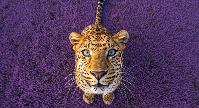 Striking portrait of a leopard with mesmerizing blue eyes, set against a vibrant purple backdrop. The leopard's gaze draws you in.