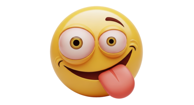 Isolated Crazy face emoji smiling, sticking out tongue, happy expression, humor and comical