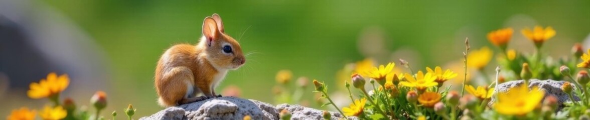 Obraz premium Tiny pika perched on wildflowers, rugged rock, mountain meadow, small