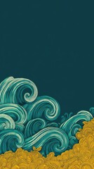 Teal stylized waves curl over a golden textured base against a deep teal backdrop, creating a calming, artistic composition with a vertical orientation