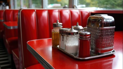 Retro diner booth with red vinyl and chrome condiment caddy