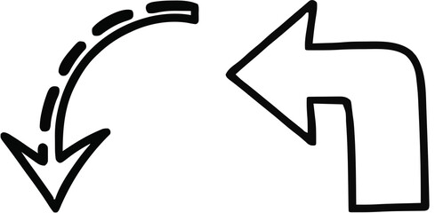 Hand Drawn Doodle Arrows Set: Sketchy Curved Down and L-Shaped Left Turn Icons for Direction and Navigation isolated on png, transparent background