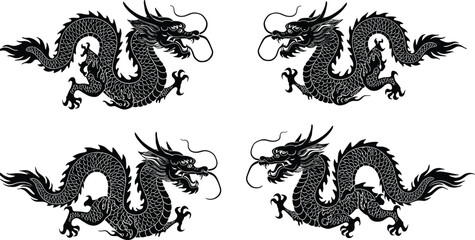Chinese, dragon, traditional, mythical, creature, serpent, scales, claws, horn, whiskers, cultural, symbol, vector, black, white, legend, power, strength, heritage, design