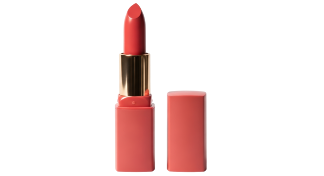Isolated cosmetic lipstick of coral color with golden insert for professional makeup studio