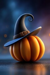 Halloween pumpkin with a black witch hat, isolated on a dark background. Festive spooky decoration symbolizing autumn, magic, and Halloween night