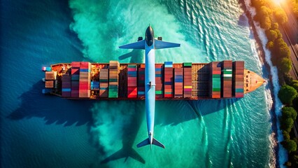 Airplane flying over cargo ship at sea with containers