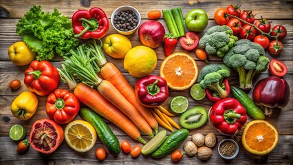 Vibrant assortment of fresh healthy vegetables and fruits displayed on wooden table