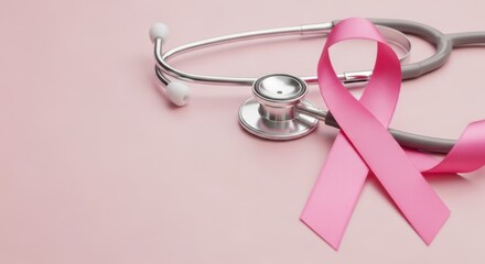 Stethoscope and pink ribbon on a pink background