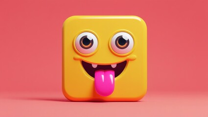 A bright yellow square emoticon with large eyes and a pink tongue protrudes against a vibrant pink background.