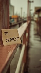 Close-up of handwritten love note with words "te amor" on wet paper, romantic message in rainy outdoor urban setting