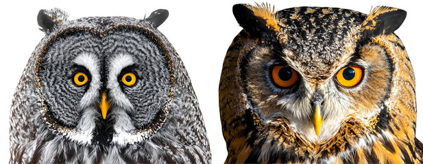  Set of Top-Down View of Owl Face, Close-Up Eyes, Isolated
