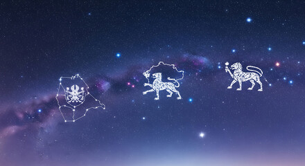 Zodiac constellations leo, virgo, and libra in the starry night sky