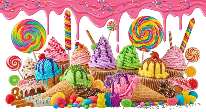 A vibrant explosion of candies cupcakes lollipops and ice cream creating a sweet paradise that on transparent background