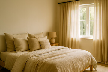 Fototapeta premium Cozy and inviting bedroom with soft, neutral tones and natural l