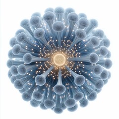 Abstract glowing neural network structure with spherical nodes and fiber-like connections, futuristic digital visualization on a white background