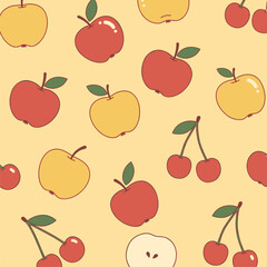 Cute Cartoon Fruit Seamless Pattern: Red and Yellow Apples with Cherries on Yellow Background - Playful Vector Illustration