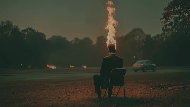 Man in Suit Sitting with Head on Fire in Surreal Outdoor Field Scene
