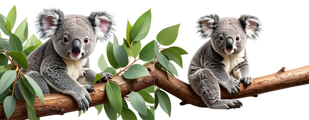  Set of Koala Sitting on Tree Branch, Front View, Isolated on Transparent Background