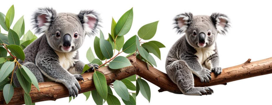  Set of Koala Sitting on Tree Branch, Front View, Isolated on Transparent Background