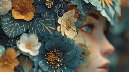 Mystical portrait of a woman adorned with ornate blossoms and gold embellishments