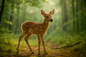 Young fawn standing gracefully in a sunlit forest path