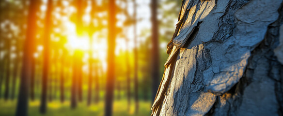 Close-up of tree bark with sunlight filtering through forest