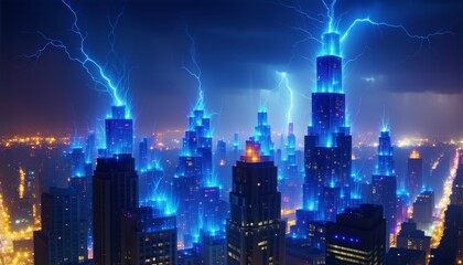 Obraz premium Neon Geometric Skyscrapers Constructed From Bright Plasma Beams