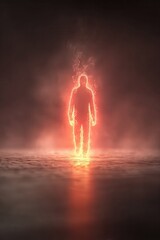 Obraz premium Glowing human silhouette walking in haze with fiery aura, conceptual visualization of high fever and body heat