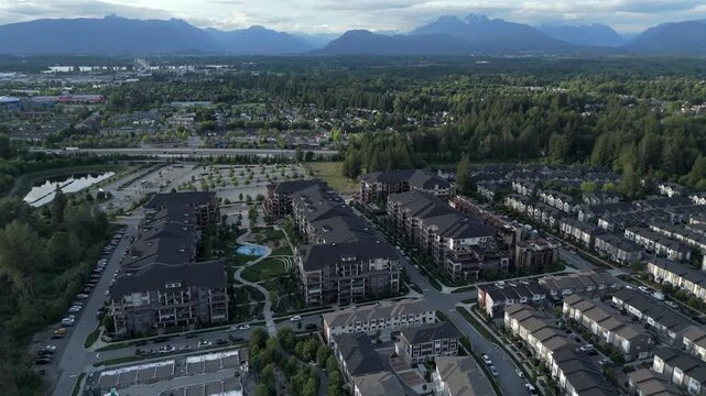 Goldenview Park Playground And Townhouse Complex In The Suburban Neighbourhood Of Willoughby In Langley, British Columbia, Canada. Aerial Drone Shot