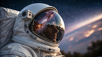 Fototapeta premium Astronaut in space helmet with galaxy reflection dream exploration journey beyond earth
