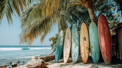 Surfboard collection leaning against palm tree