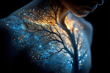 Asthma visualization across the chest where a branching bronchial tree appears like a starry night, golden sparks clustering along constricting airways and slowing airflow in a stylized medical concep