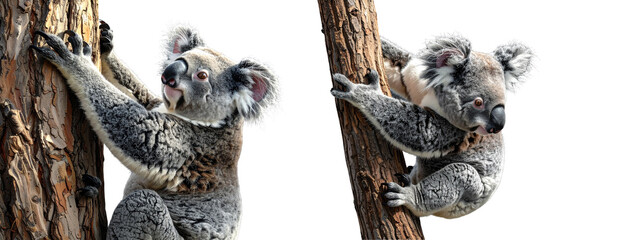  Set of Koala Climbing Tree, Side Angle, Isolated