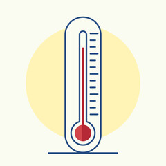 Vector illustration of a flat style thermometer showing high temperature, weather concept, minimal design, red scale, isolated on white background, perfect for apps, websites, banners, infographics