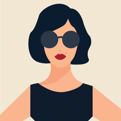 Elegant Woman in Sunglasses. Modern fashion portrait with short black hair and red lipstick on a light background, perfect for posters, web design, branding, or social media graphics.