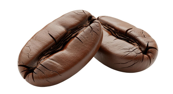 Isolated pair of whole roasted aromatic coffee beans, fresh brown color, ready to brew
