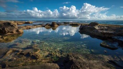 Tidal pools reflecting cloud formations