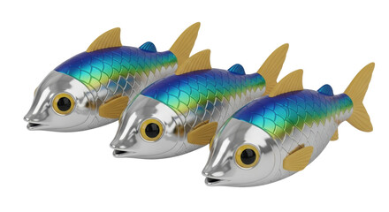 Isolated Group of Metallic Fishing Lures with Blue and Yellow Fins for Sport and Hobby Use