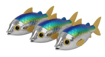 Isolated Group of Metallic Fishing Lures with Blue and Yellow Fins for Sport and Hobby Use