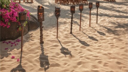 Tropical luau with tiki torches casting shadows on beige sand