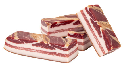 Isolated dry-cured slab bacon, an assortment of sliced cuts, ready to cook and serve