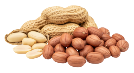 Isolated pile of whole and shelled peanuts close-up, heap of raw organic nuts, macro food