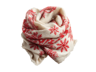 Soft cream winter scarf red snowflake design cozy warm, Isolated On White Background, Png Transparent